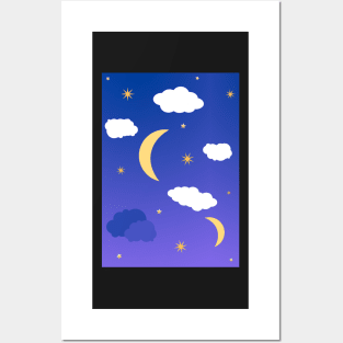 Half moon, stars and cloud t-shirt print - ombre Posters and Art